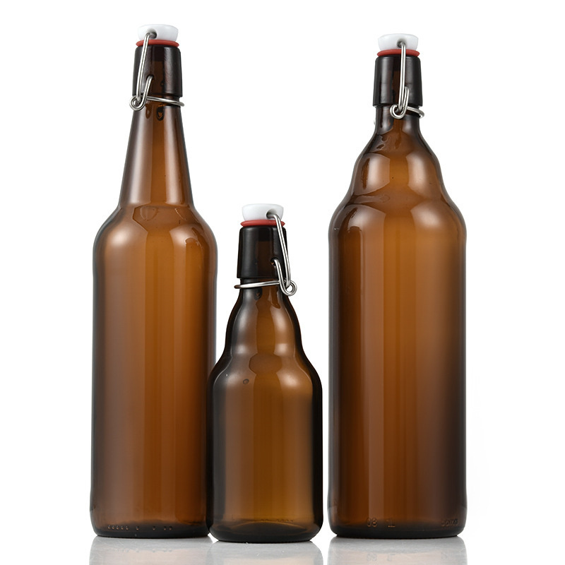 wholesale empty round amber 330ml 500ml 650ml 1000ml brown glass beer bottle with swing top