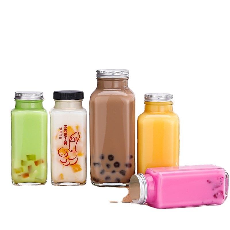 Cold pressed coffee milk tea drink juice glass bottle 250ml 350ml 500ml beverage bottle with lid custom transparent French squ