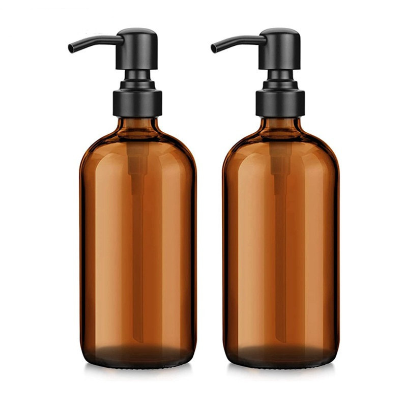 New Design Amber Brown Glass Liquid Shampoo Lotion Bottles 16oz Round Hand Wash Soap Bottles With Pump