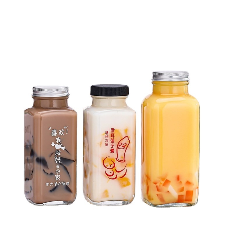 Cold pressed coffee milk tea drink juice glass bottle 250ml 350ml 500ml beverage bottle with lid custom transparent French squ