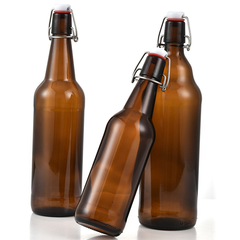 wholesale empty round amber 330ml 500ml 650ml 1000ml brown glass beer bottle with swing top