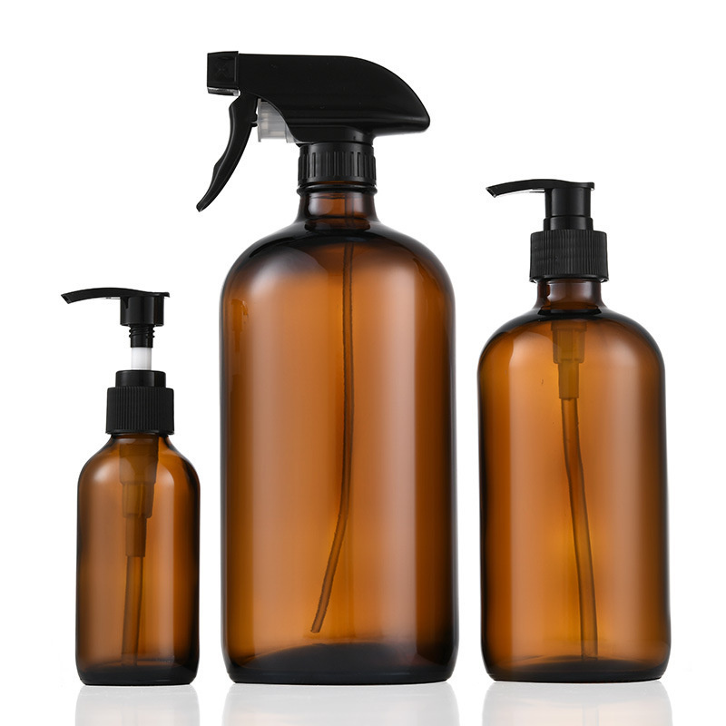 New Design Amber Brown Glass Liquid Shampoo Lotion Bottles 16oz Round Hand Wash Soap Bottles With Pump