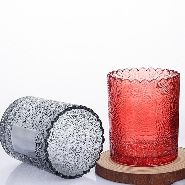 Embossed Colorful Crystal Glass Candle Holder Jar For Candle Making With Bamboo Wood Lids 250ml 8oz Glass Tea Light Holder