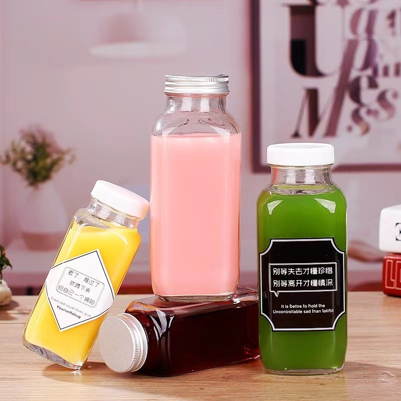 Cold pressed coffee milk tea drink juice glass bottle 250ml 350ml 500ml beverage bottle with lid custom transparent French squ