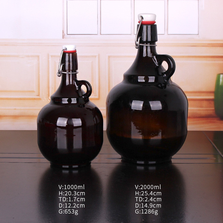 Home Brew Cold Brew Beer Beverage Juice Glass Bottles 1 Liter 2 Liter Amber Brown Kombucha Growler Jug With Swing Top