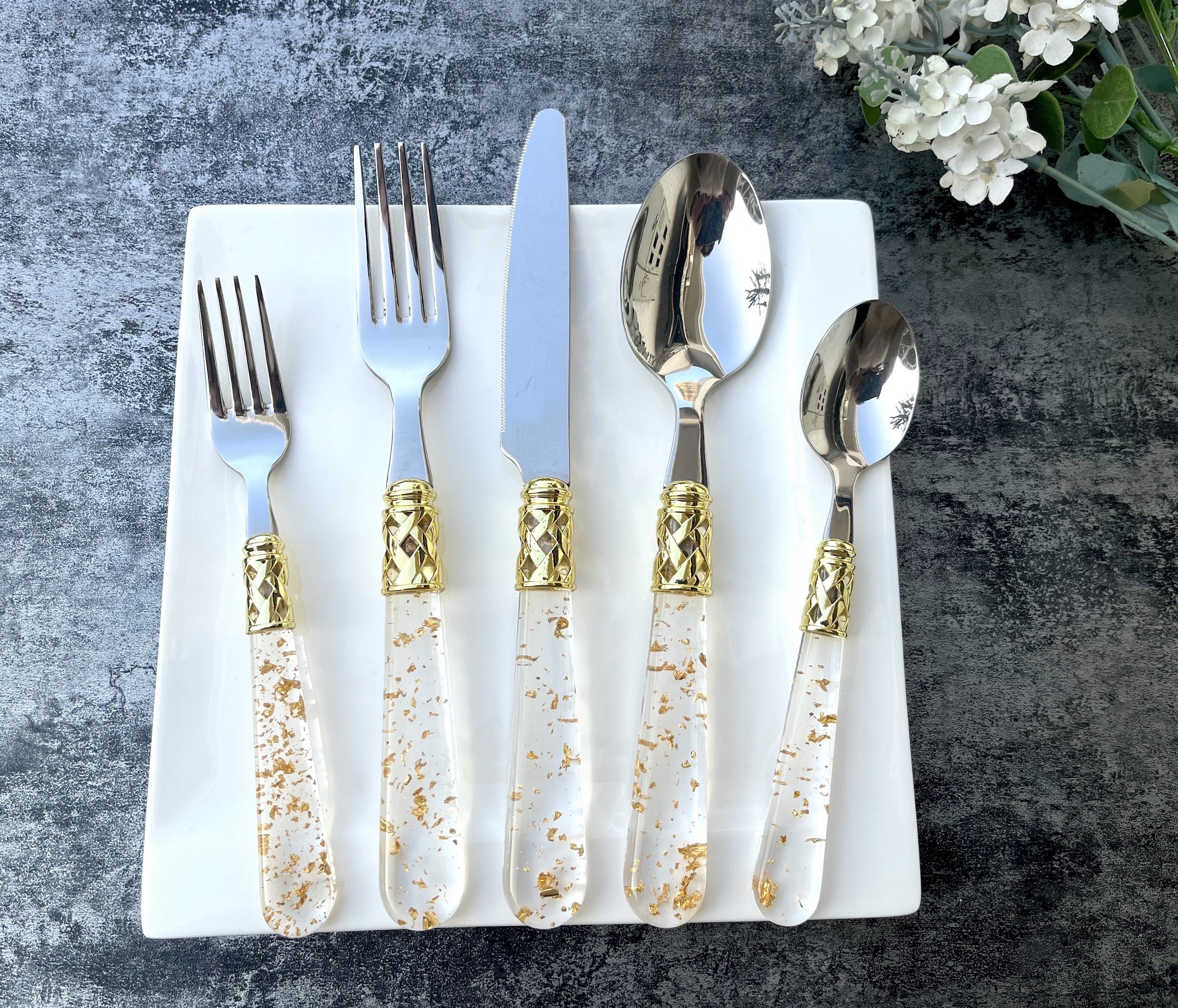 Luxury Vintage Bubble Acrylic Stem Flatware 18/10 Manufacture clear Handle Cutlery Set