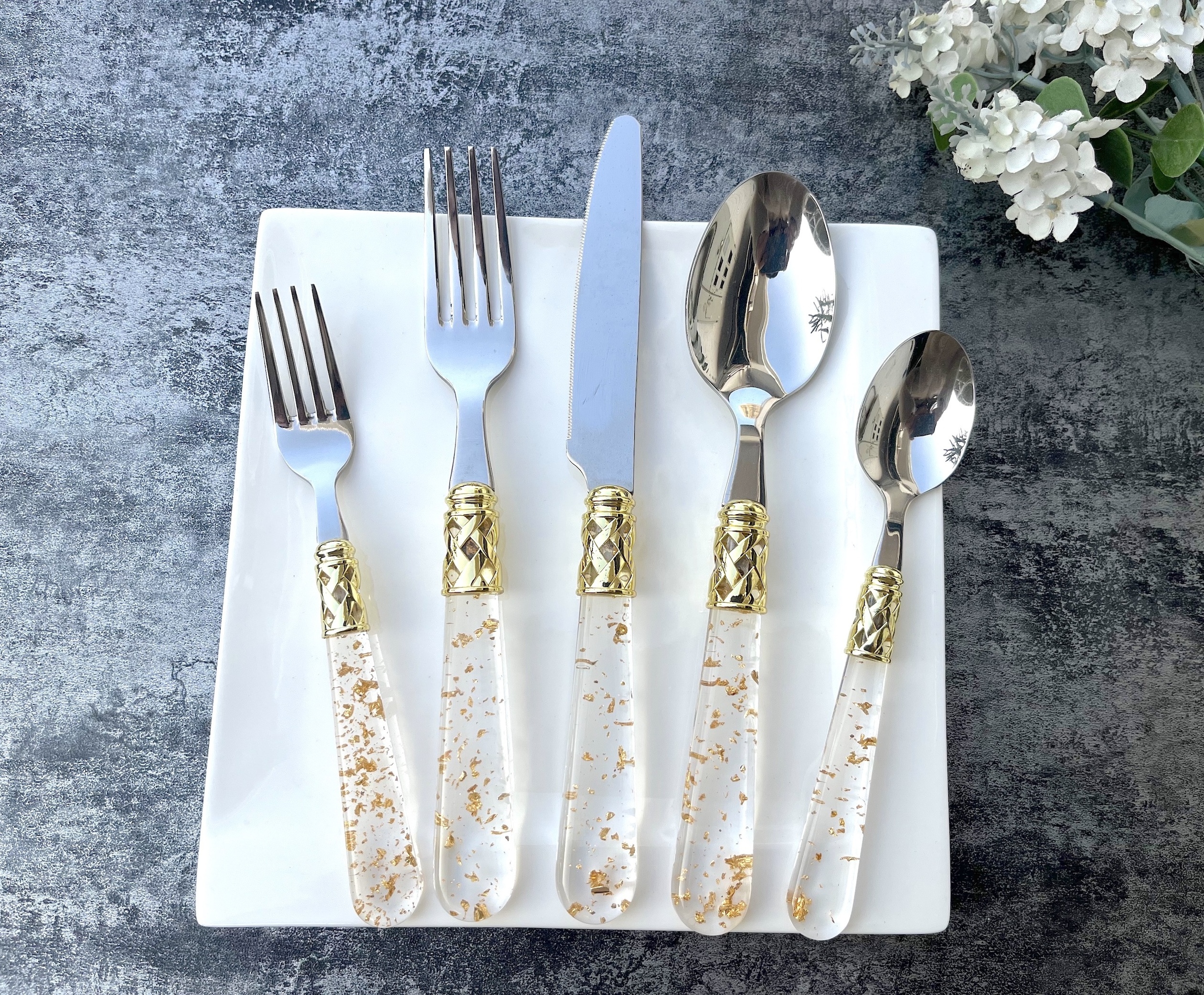 Luxury Vintage Bubble Acrylic Stem Flatware 18/10 Manufacture clear Handle Cutlery Set