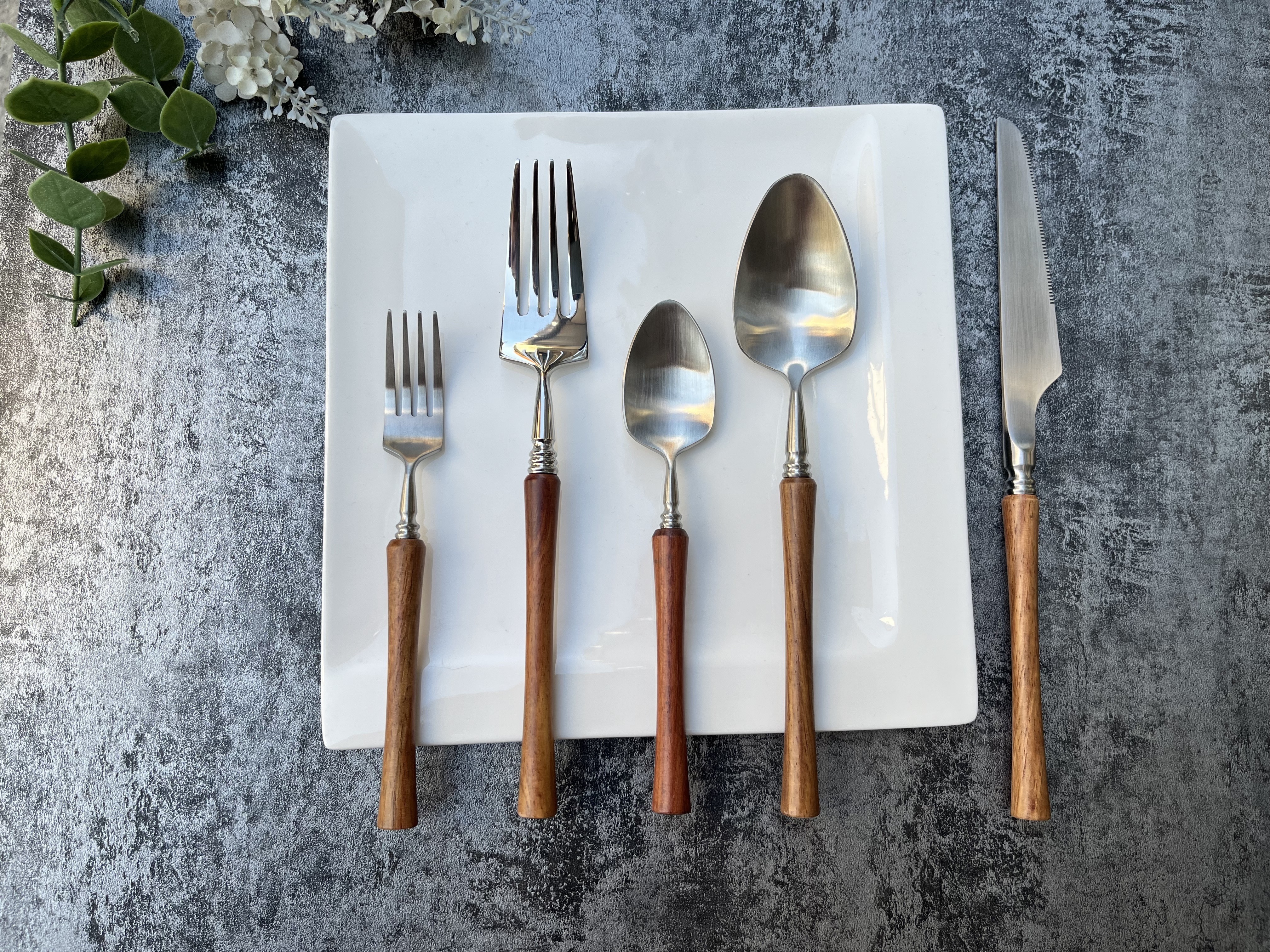 Solige Stainless Steel Cutlery Flatware Natural Wooden Kitchen Utensil Cookware Set Kennedy 18/10 Spoon With Serving Spoon