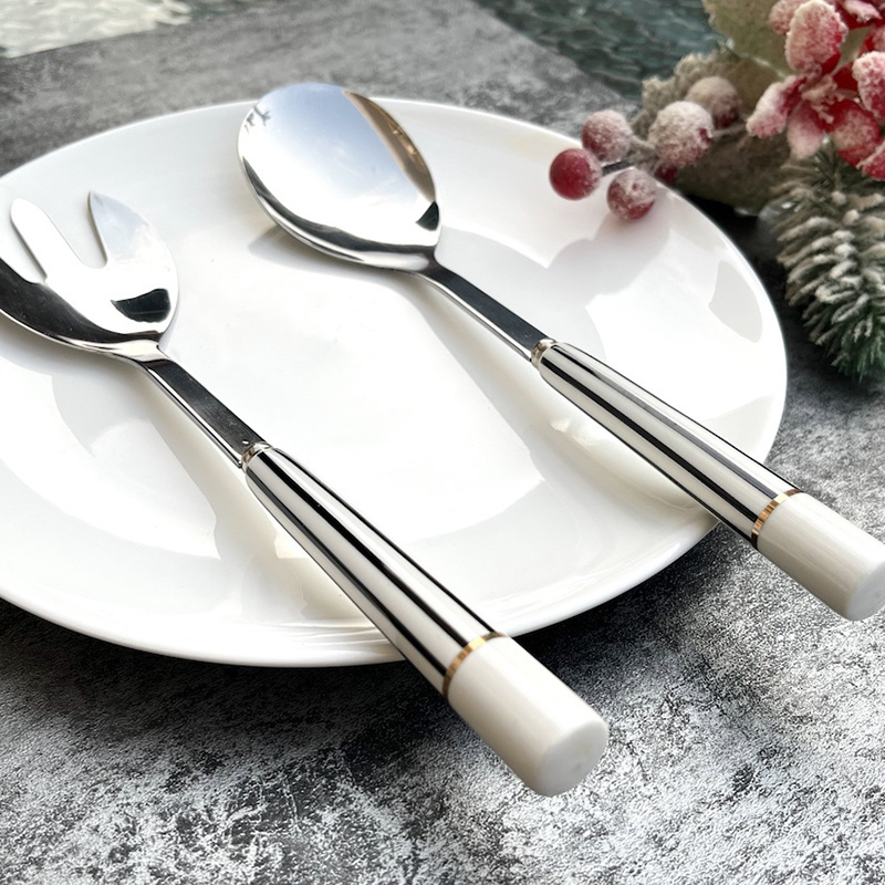 Porcelain handle Salad Spoon Salad Fork Set of 2 Serving Kitchen Tools Utensils  Ceramic Handle Salad Servers