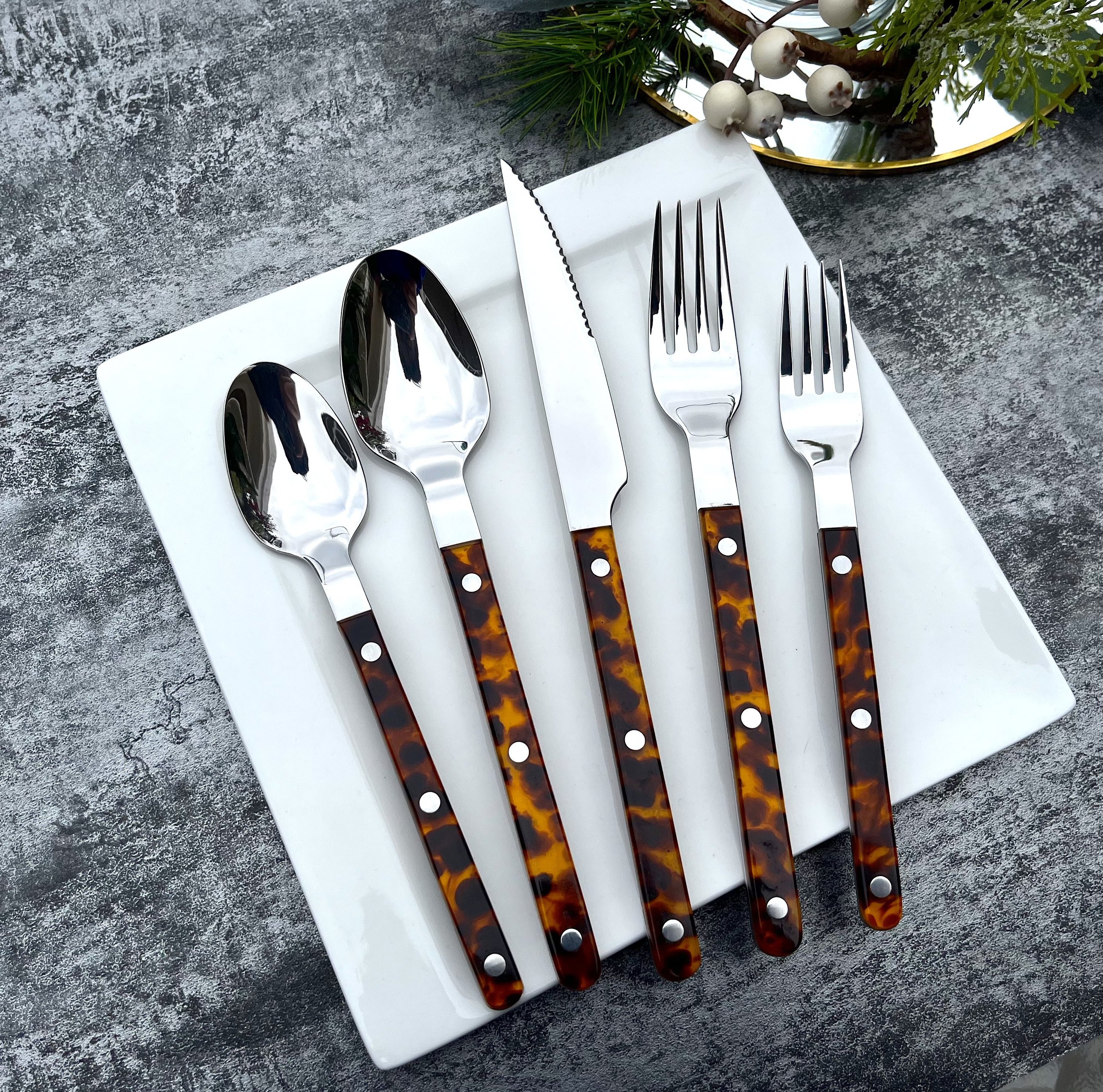 New Arrival Elegant 304 Steel Cutlery Set of 5 Pieces Clear Acrylic 3 Rivets Tortoise Shell Flatware