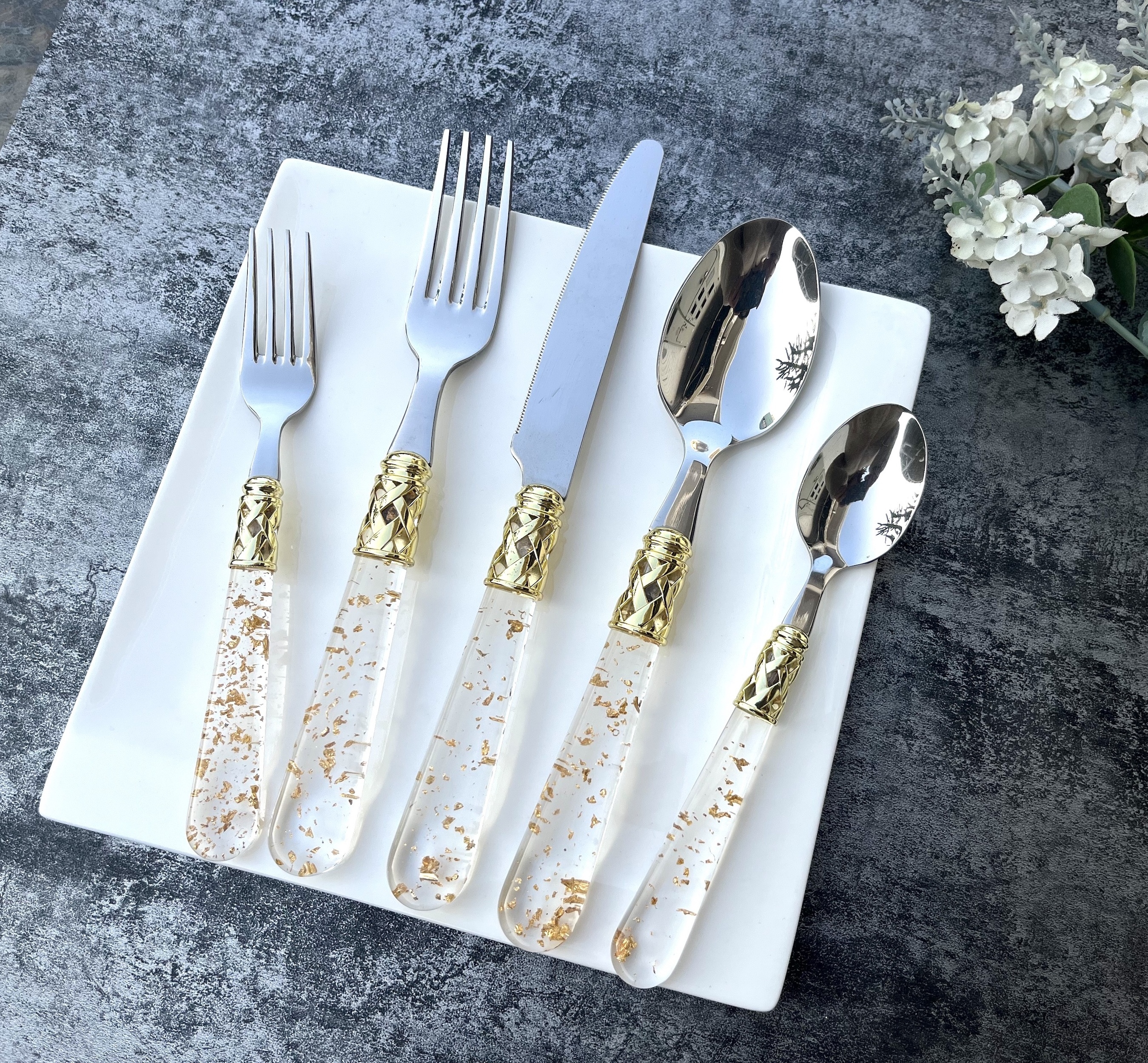 Luxury Vintage Bubble Acrylic Stem Flatware 18/10 Manufacture clear Handle Cutlery Set