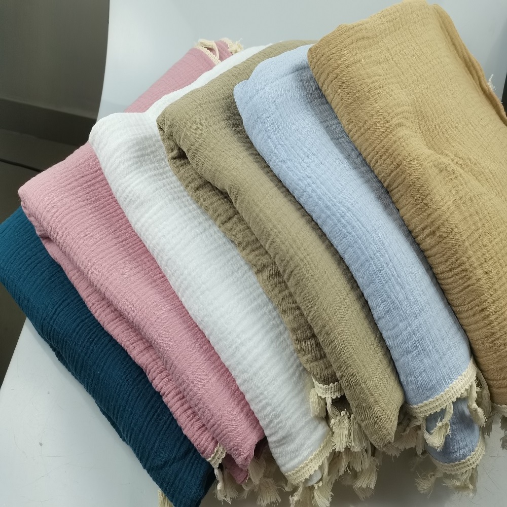 wholesale custom double layer 100% cotton crinkle wrinkle gauze crepe solid color muslin fabric for baby cloth