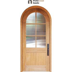 Prettywood Transitional Design French Style Reed Glass Exterior Front Main Entrance Solid Wooden Arched Wood Door