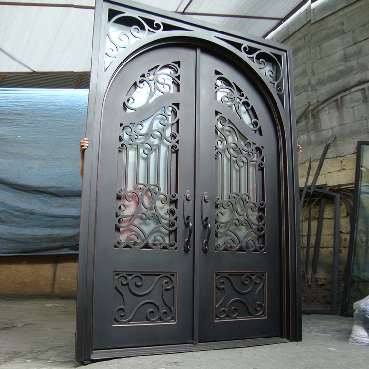 Prettywood House Arched Top Entrance French Decorative Iron Gate Tempered Weather Glass Window Wrought Door