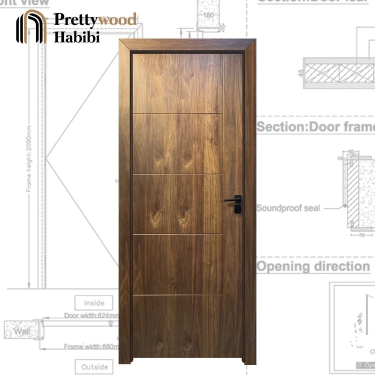 Prettywood American Waterproof Prehung Room Walnut Door Modern Design Solid Wood Interior Doors For Houses