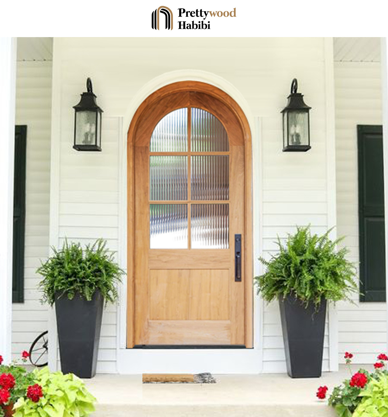 Prettywood Transitional Design French Style Reed Glass Exterior Front Main Entrance Solid Wooden Arched Wood Door