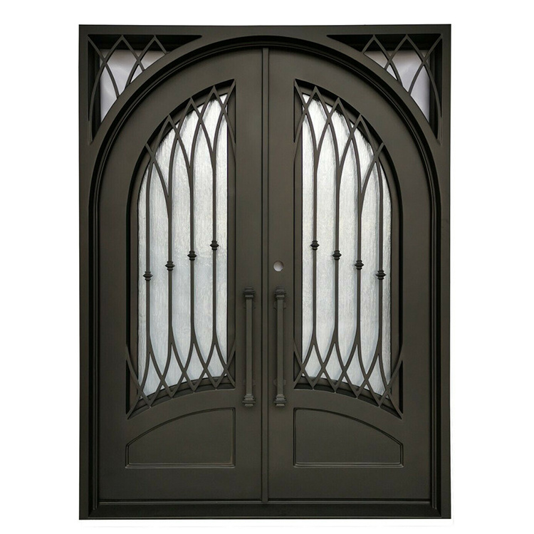 Prettywood House Arched Top Entrance French Decorative Iron Gate Tempered Weather Glass Window Wrought Door