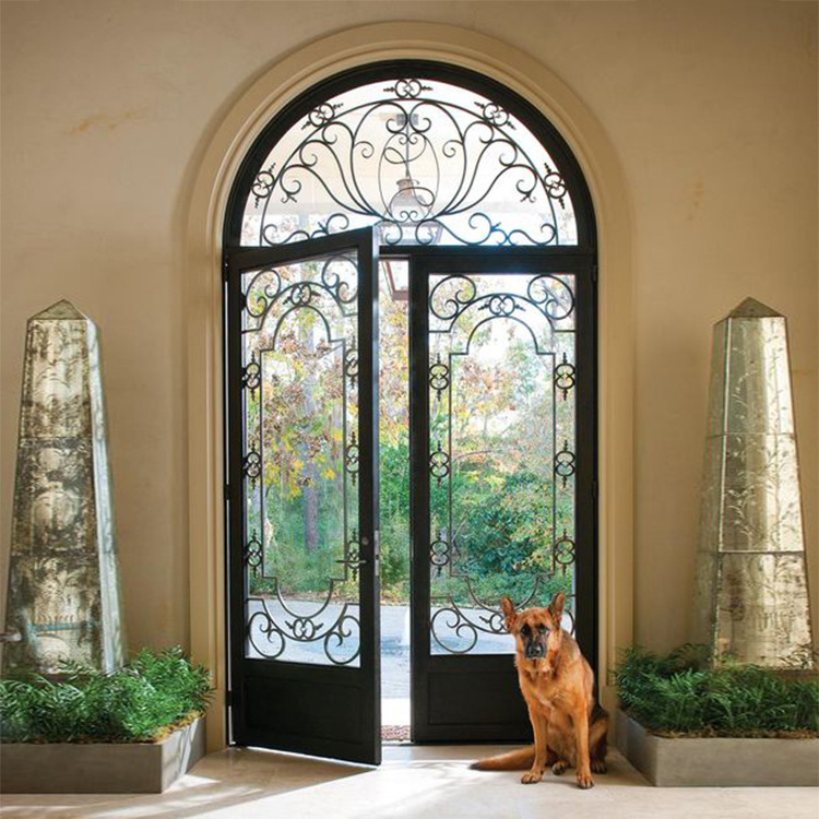 Prettywood House Arched Top Entrance French Decorative Iron Gate Tempered Weather Glass Window Wrought Door