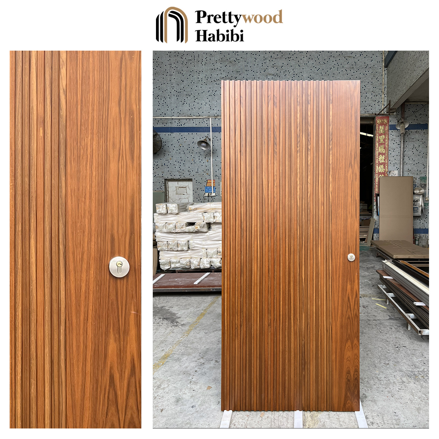 Prettywood Modern Interior Door Modern Bedroom Vertical Slats Lines Design Flush Solid Wooden Slab Room Door For Houses