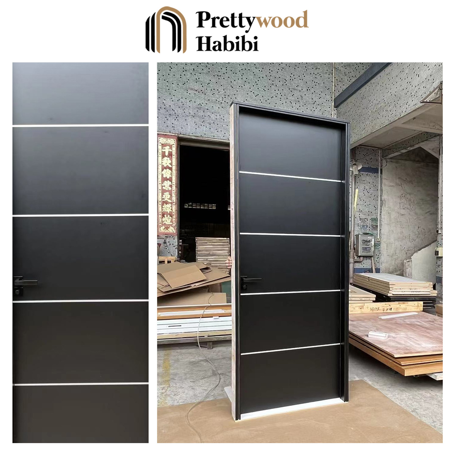 Prettywood American Latest Design Modern Home Prehung Solid Wooden Veneer Panel Black Walnut Interior Room Door