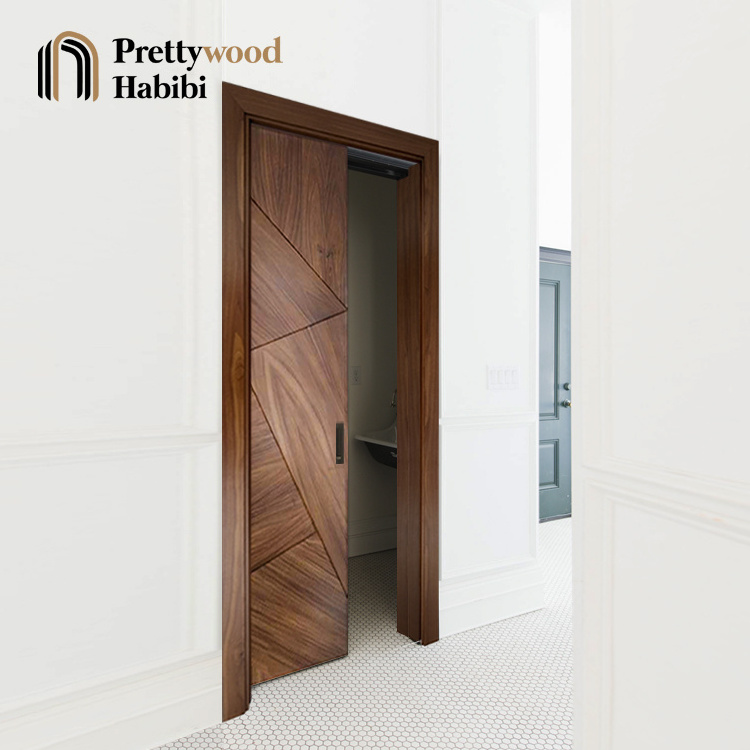 Prettywood American Style Black Walnut Irregular Design Modern Interior Pocket Sliding Door With Hardware