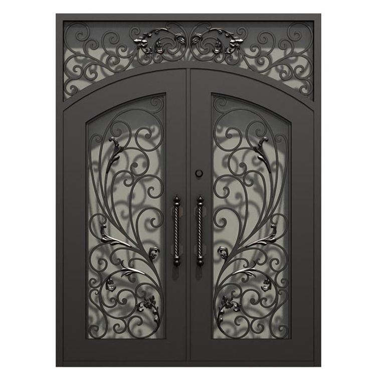 Prettywood House Arched Top Entrance French Decorative Iron Gate Tempered Weather Glass Window Wrought Door