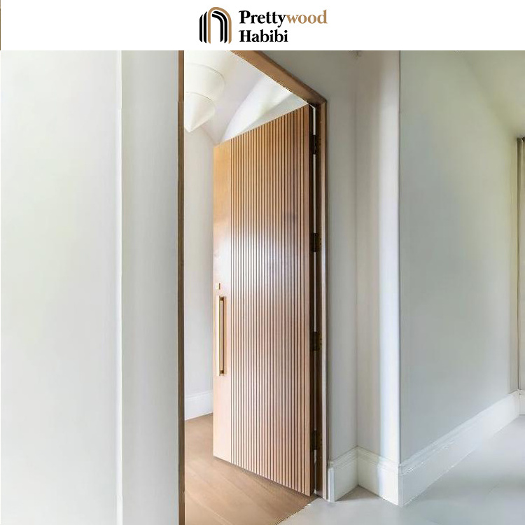 Prettywood Modern Interior Door Modern Bedroom Vertical Slats Lines Design Flush Solid Wooden Slab Room Door For Houses