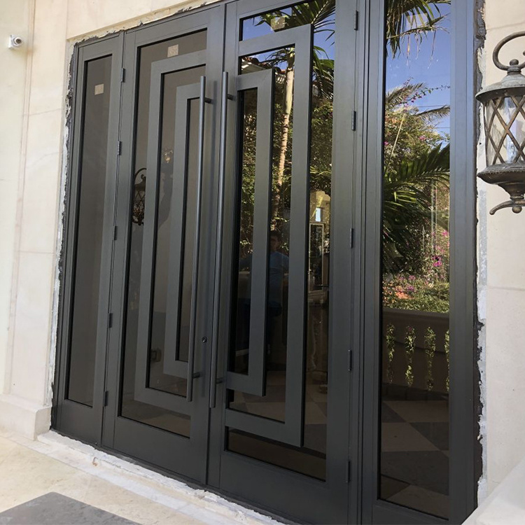 Prettywood Cheap Price Exterior Simple Grill Design Double Glass Main Entrance Wrought Iron Front Doors