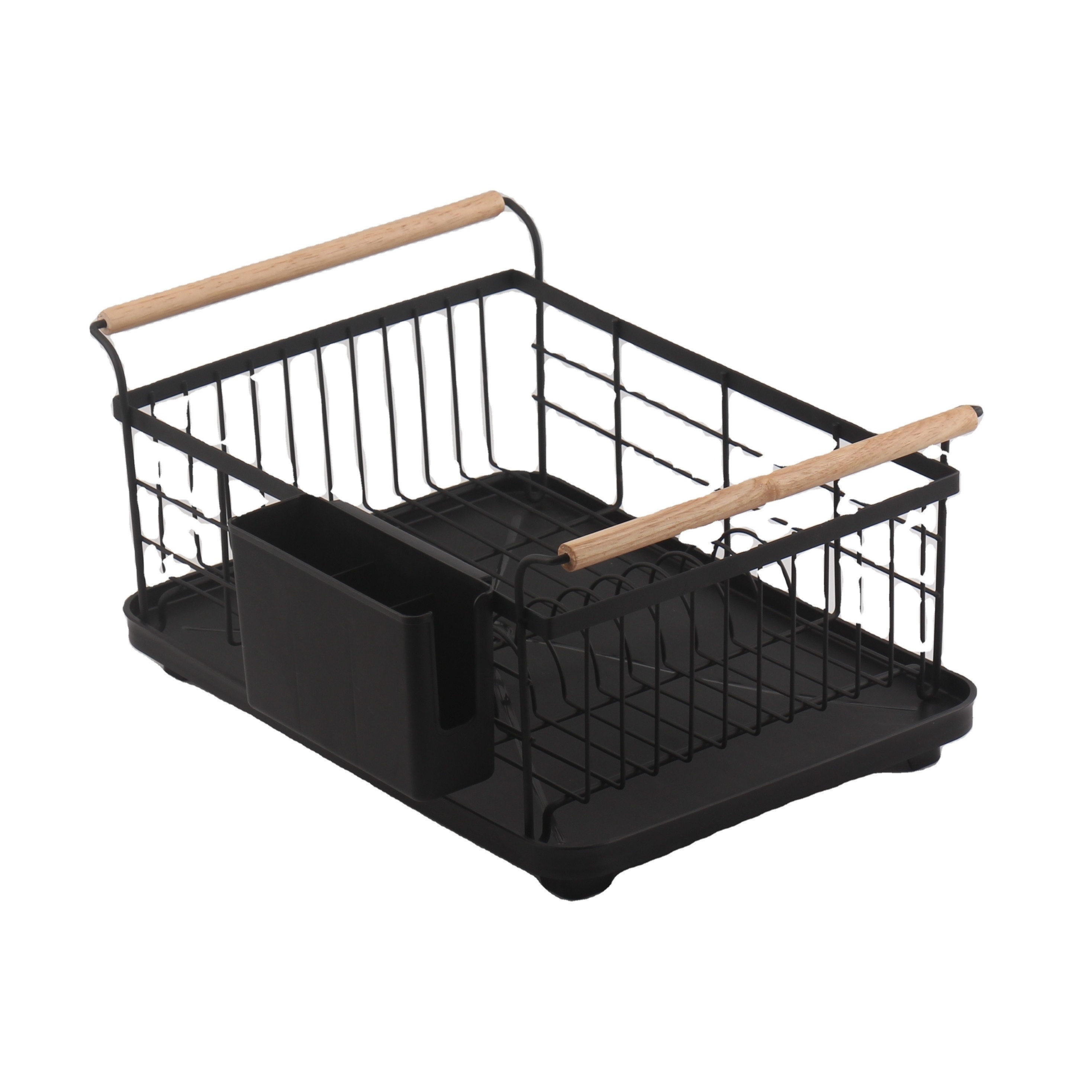 Metal Single Layer Shelving Bamboo Handle Bowl Rack Iron Black Wire Dish Rack Dish Drying Rack For Kitchen