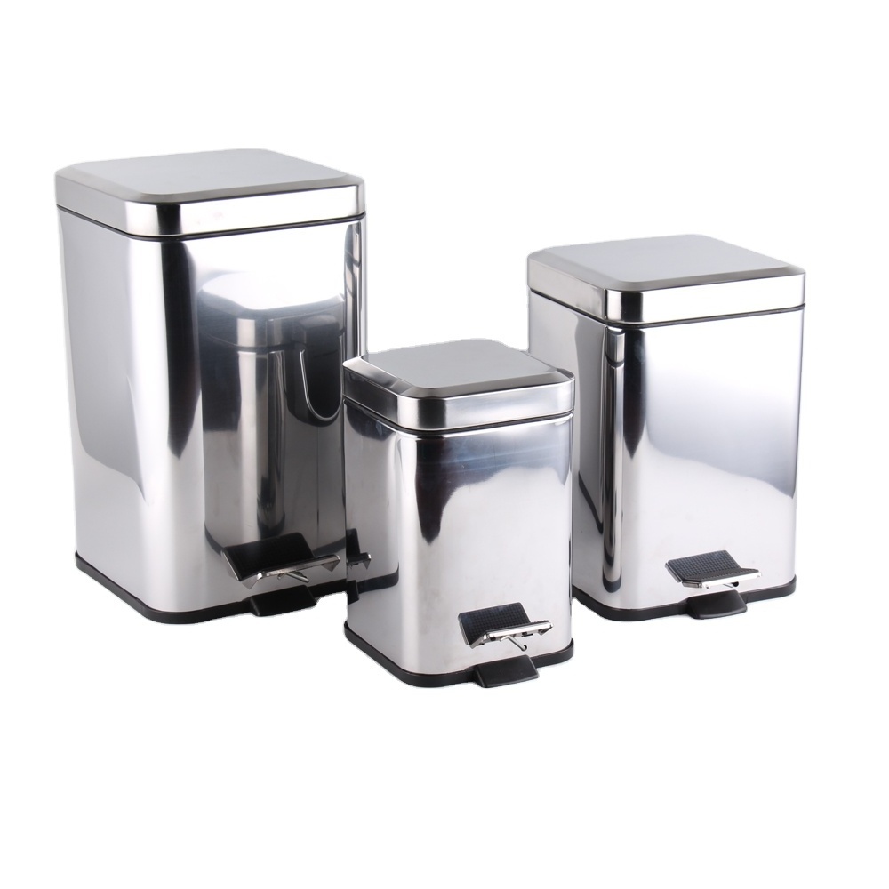 Stainless Steel Trash Can 3L 5L 12L Dustbin Square Shape Waste Bin with Inner Bucket Soft Close Pedal Bin