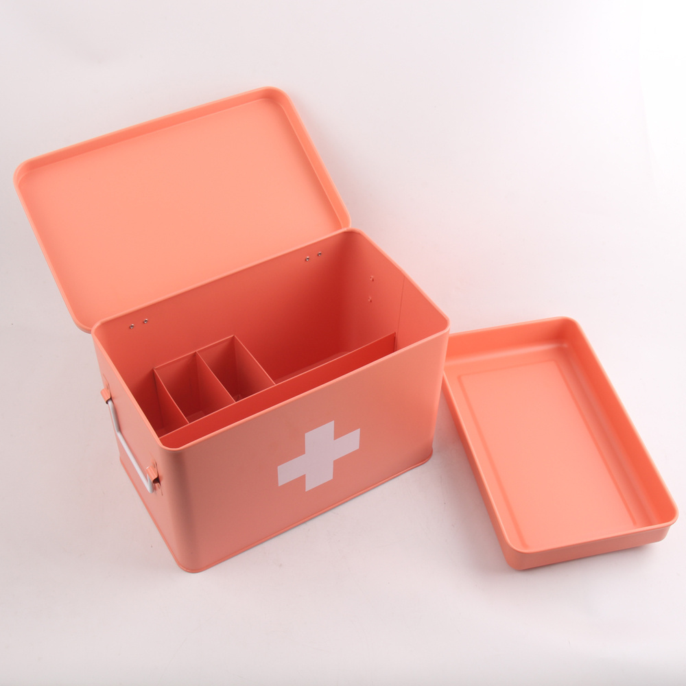 Metal First aid Medicine Storage Box with Compartments and Tray and Carrying Handles