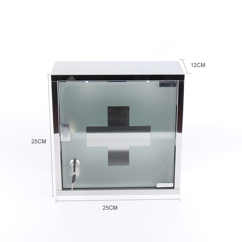 Medical Cabinet First Aid Locking Door and 2 Shelves, Wall Mount Storage Container Made of Stainless Steel & frosted Glass