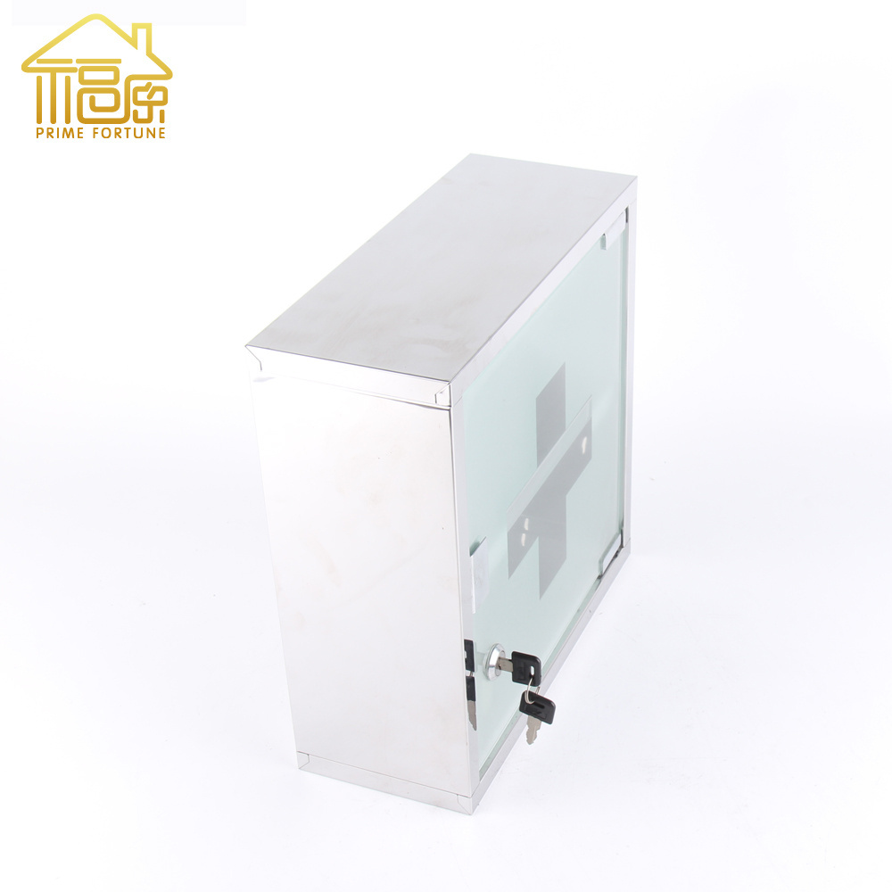 Medical Cabinet First Aid Locking Door and 2 Shelves, Wall Mount Storage Container Made of Stainless Steel & frosted Glass