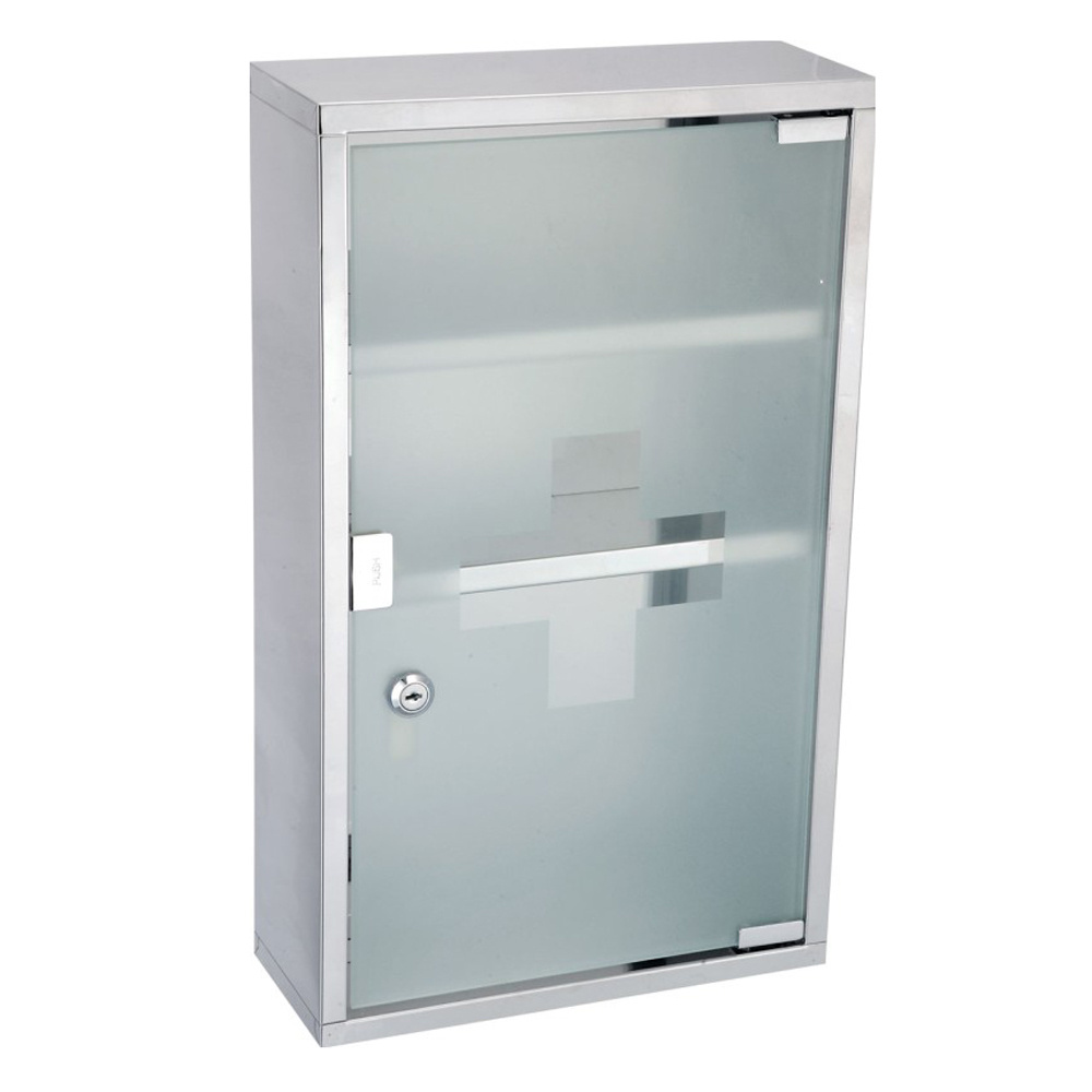 Medical Cabinet First Aid Locking Door and 2 Shelves, Made of Stainless Steel & Frosted Glass Wall Mount Storage Container