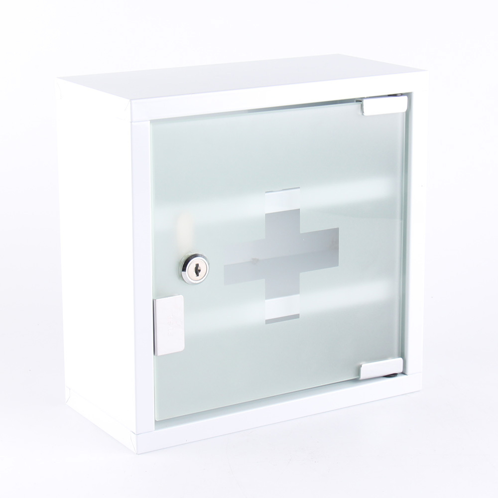 Medical Cabinet First Aid Locking Door and 2 Shelves, Made of Stainless Steel & Frosted Glass Wall Mount Storage Container