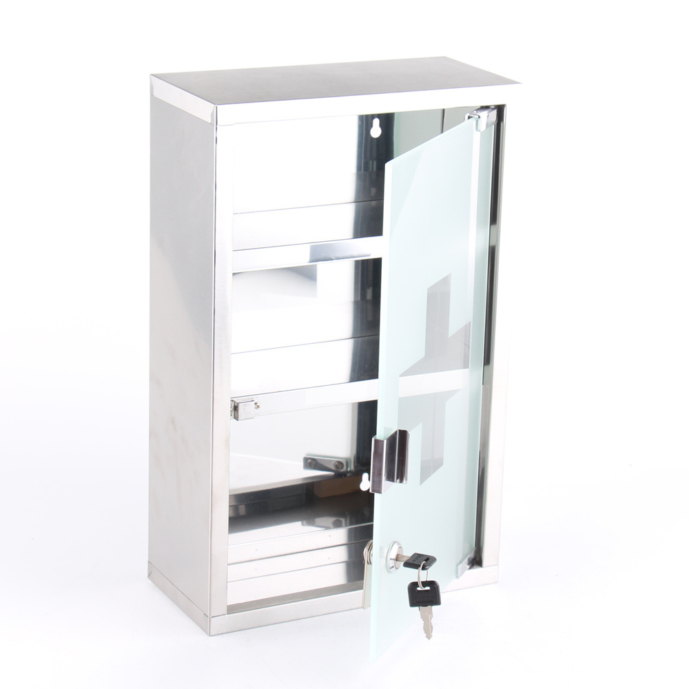 Medical Cabinet First Aid Locking Door and 2 Shelves, Made of Stainless Steel & Frosted Glass Wall Mount Storage Container