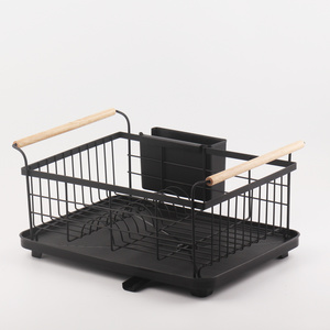 Metal Single Layer Shelving Bamboo Handle Bowl Rack Iron Black Wire Dish Rack Dish Drying Rack For Kitchen