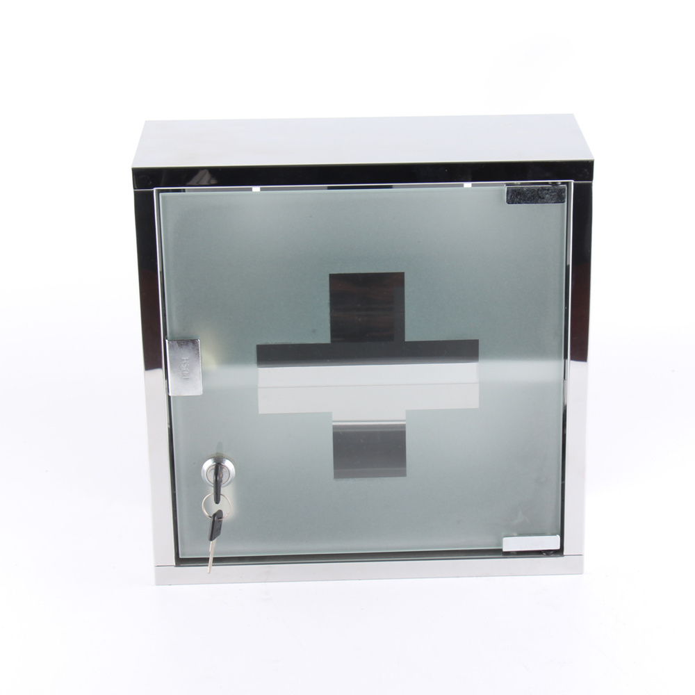 Wall Mounted Stainless Steel 2 Tier Medicine Cabinet First Aid Cabinet with Locking Glass Door