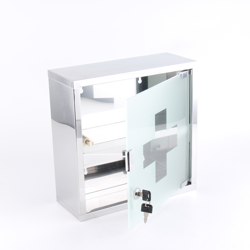 Wall Mounted Stainless Steel 2 Tier Medicine Cabinet First Aid Cabinet with Locking Glass Door