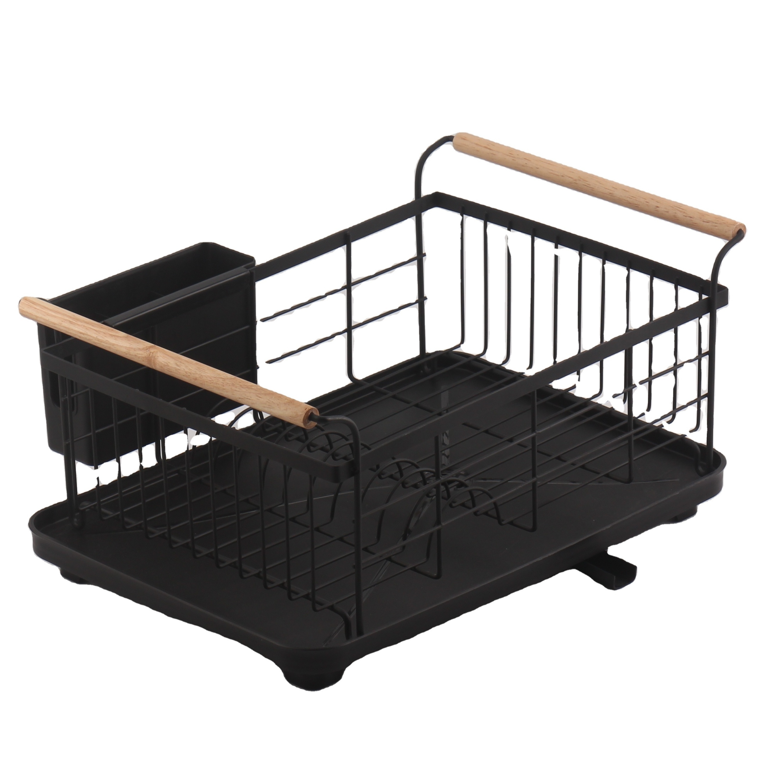 Metal Single Layer Shelving Bamboo Handle Bowl Rack Iron Black Wire Dish Rack Dish Drying Rack For Kitchen