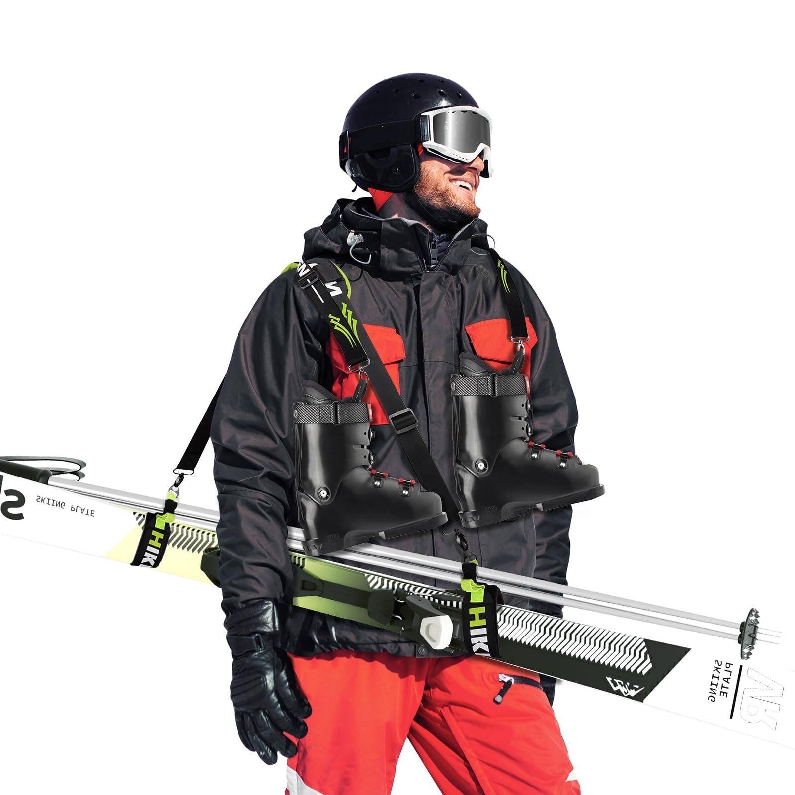 Ski Poles and Boot Carrier Straps Downhill Skis with Adjustable Anti-slip Shoulder Slings & Metal Buckle and Swivel Hook