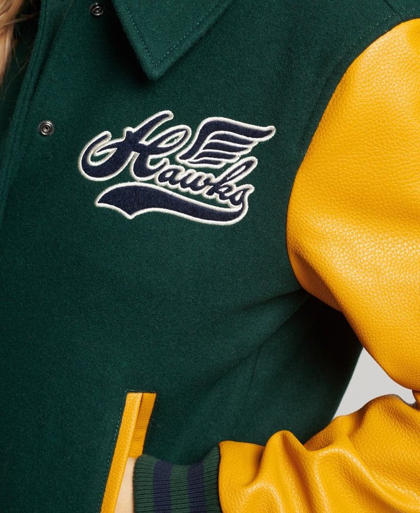 Green Yellow college senior wool customize  letterman cowhide leather sleeve varsity jacket leather varsity jacket