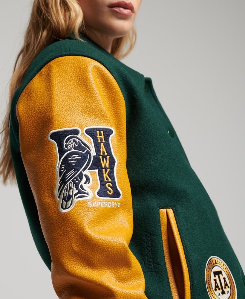 Green Yellow college senior wool customize  letterman cowhide leather sleeve varsity jacket leather varsity jacket