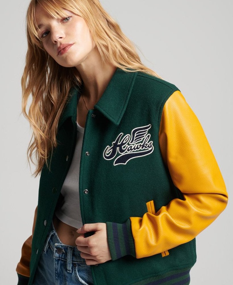 Green Yellow college senior wool customize  letterman cowhide leather sleeve varsity jacket leather varsity jacket