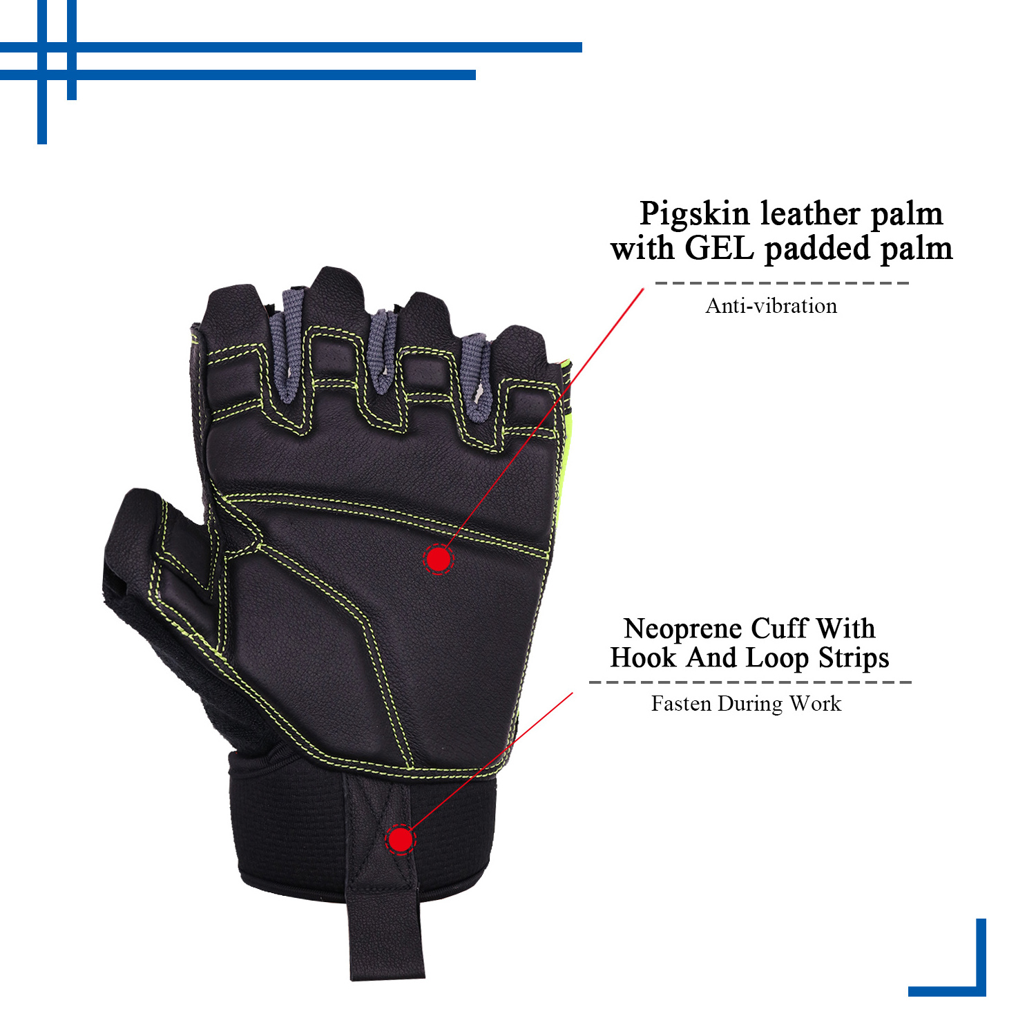 PRISAFETY Dexterity Utility Black Half Finger Pigskin Leather Safety Working Vibration-Resistant Leather Cycling Gloves for Men