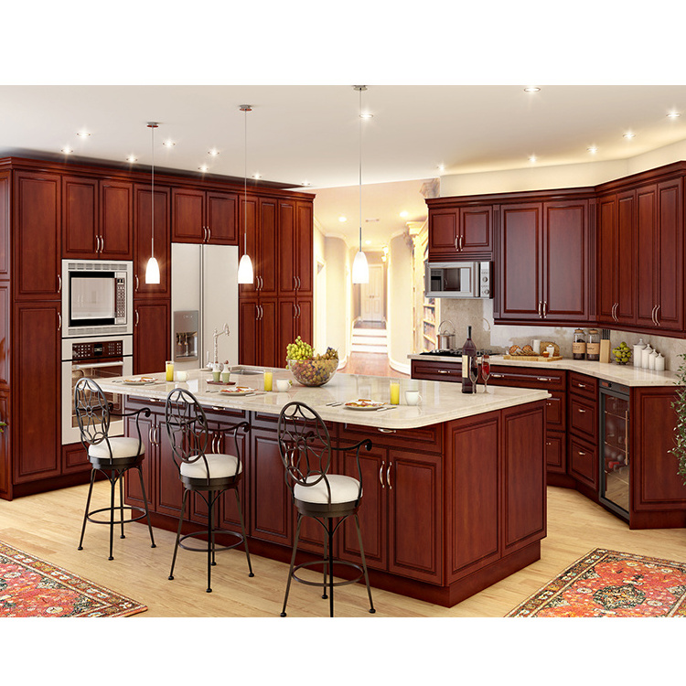 Dark cherry finish and Maple solid wood shaker design classic modular kitchen cabinets