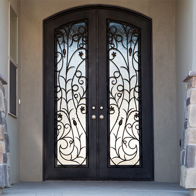 Elegant Wrought Iron Door with Arched Transom for Villa/Double Entry Wrought Iron Door/Custom Ornamental Iron Doors