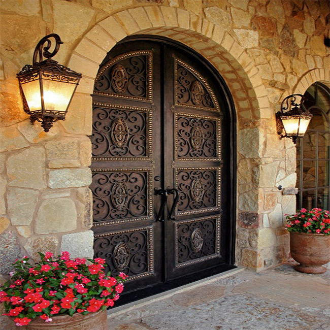 Elegant Wrought Iron Door with Arched Transom for Villa/Double Entry Wrought Iron Door/Custom Ornamental Iron Doors