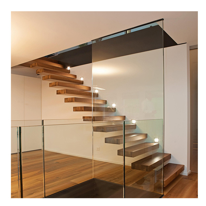 Prima Top Staircase Stairs Supplier Floating Straight Stairs With Wood Tread And Frameless Glass Railing Stair