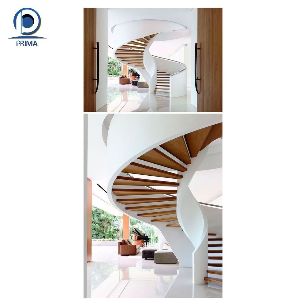 Prima Wooden Staircase Pillar Design Fixture For Bedroom Curved Staircase tempered glass steel curved stair case